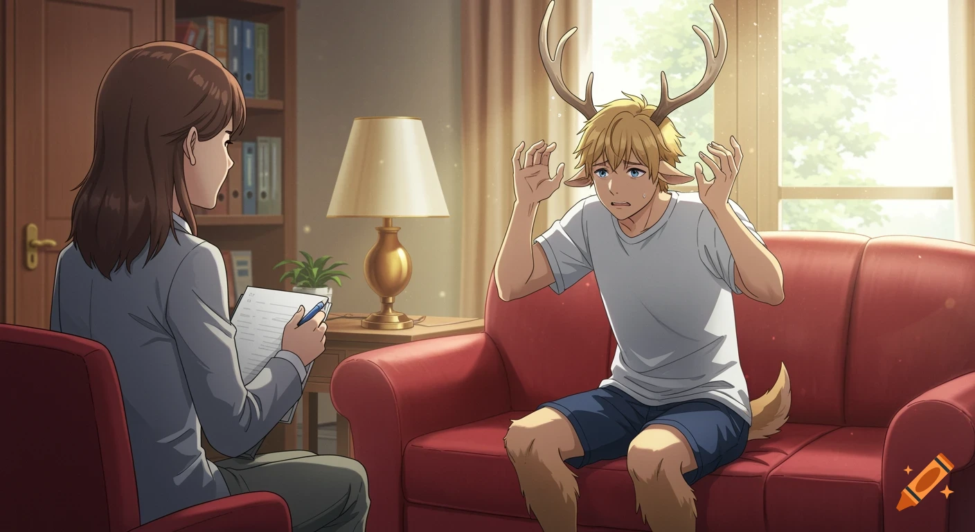 A distressed blond satyr with antlers, hooves, and a tail sits on a red couch across from his female human counselor in an anime style.
