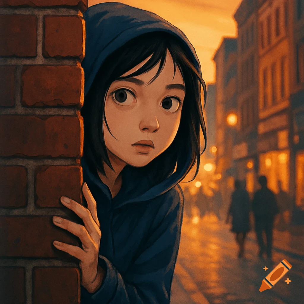 A young girl in a blue hoodie peeking from behind a brick wall onto a warm-lit urban street, in an anime art style.