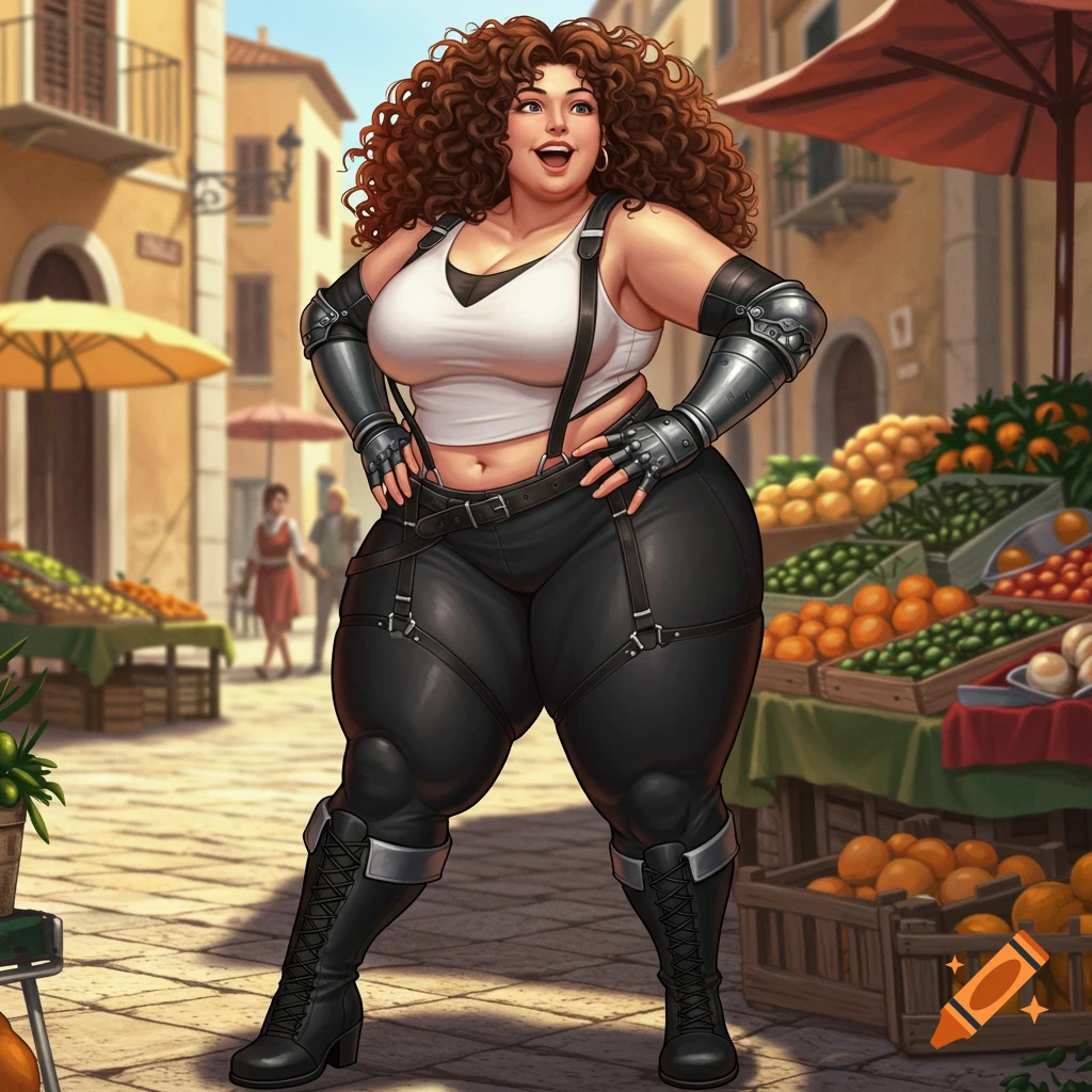 Stylized illustration of a curvy woman with curly brown hair wearing a white crop top, black leather pants, and arm armor, standing in an outdoor market.