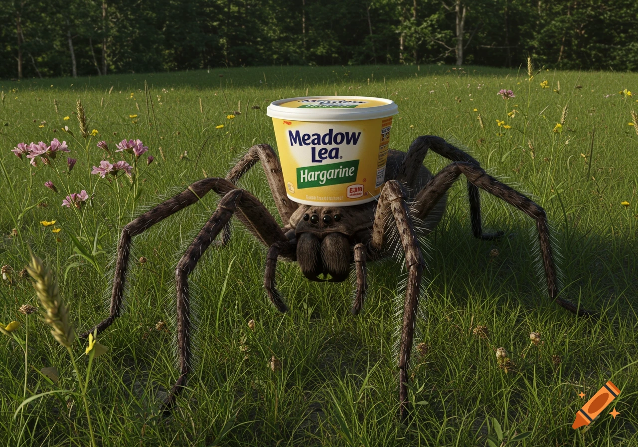 A large, hairy spider with a yellow tub of Meadow Lea margarine on its back, standing in a grassy field.