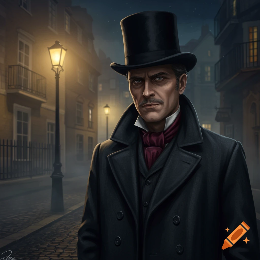 A stern man in a black top hat and coat stands on a foggy, gaslit street at night. Digital art.