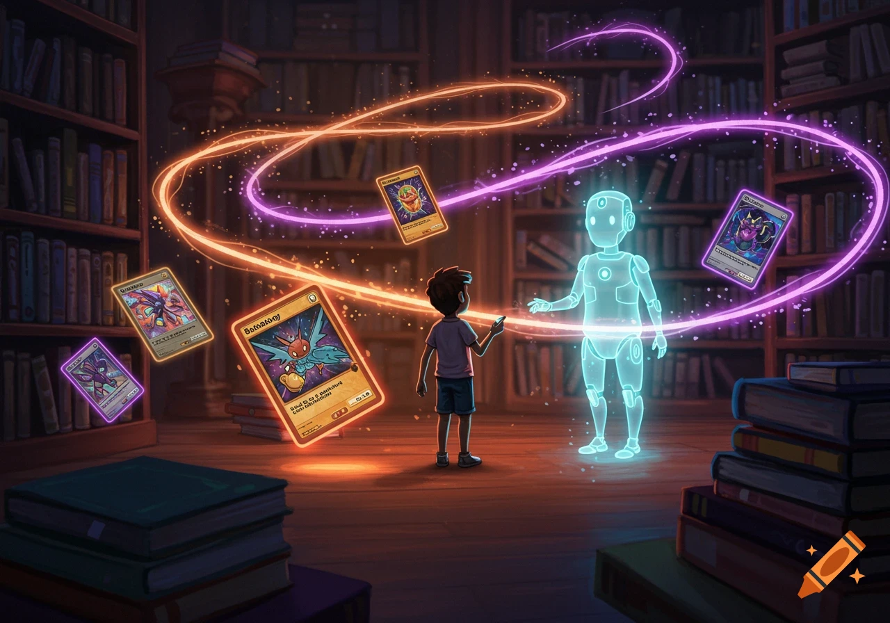 A boy interacts with a glowing robot amidst floating trading cards and energy streams in a magical library.