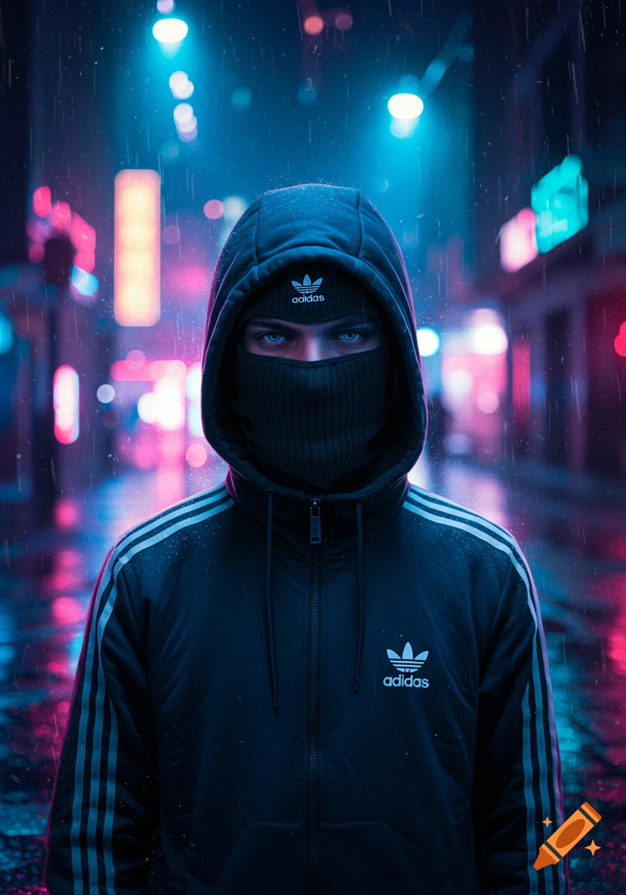 Person in a black Adidas hoodie and balaclava with blue eyes, standing in a neon-lit, rainy urban street at night.