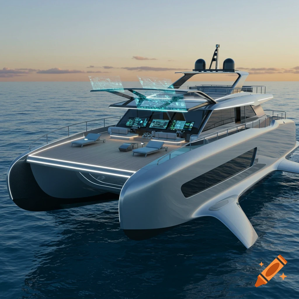 A futuristic silver catamaran yacht with glowing white lights and holographic displays sails on calm blue water at sunset.