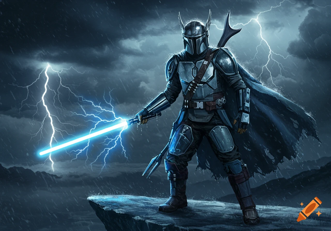 A Mandalorian-inspired warrior with Thor-like helmet wings stands on a rocky cliff holding a blue lightsaber with lightning during a storm.