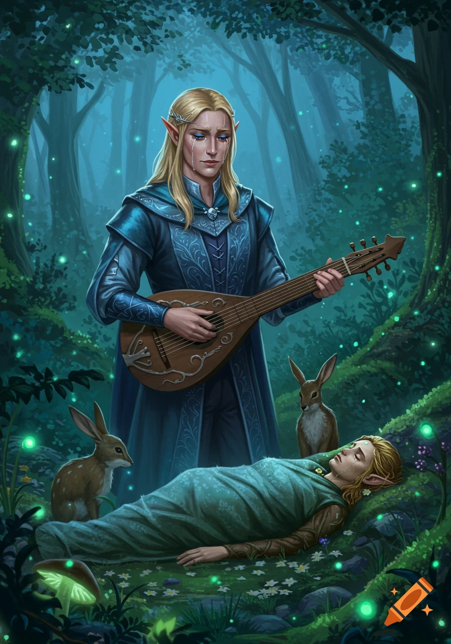 A crying blonde elf bard plays a lute over another elf lying on the ground in a glowing, moonlit forest with rabbits.