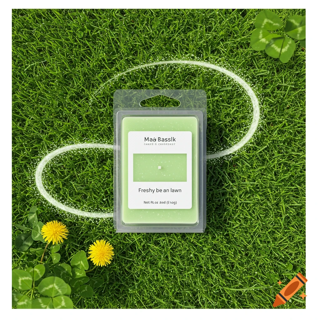 A packaged green wax melt sits on green grass with dandelions and clover leaves.