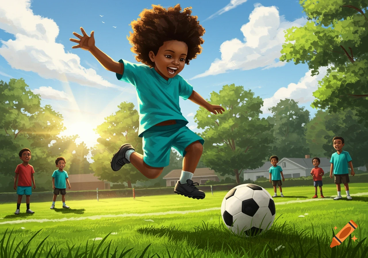An illustration of a young Black boy leaping to kick a soccer ball on a sunny grass field with other boys watching.