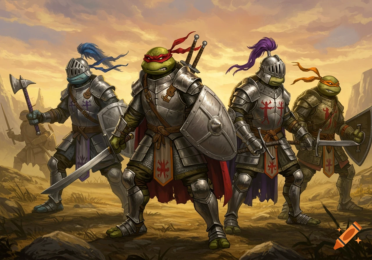 Four anthropomorphic turtle knights in shining medieval armor with swords and shields stand on a rocky, arid landscape under an orange sky.