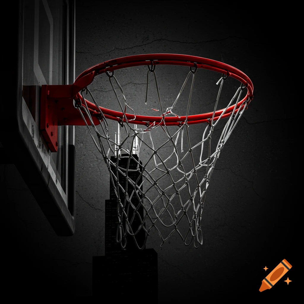 Close-up of a red basketball hoop and net against a dark, textured wall, with the silhouette of Chicago's Willis Tower behind it.