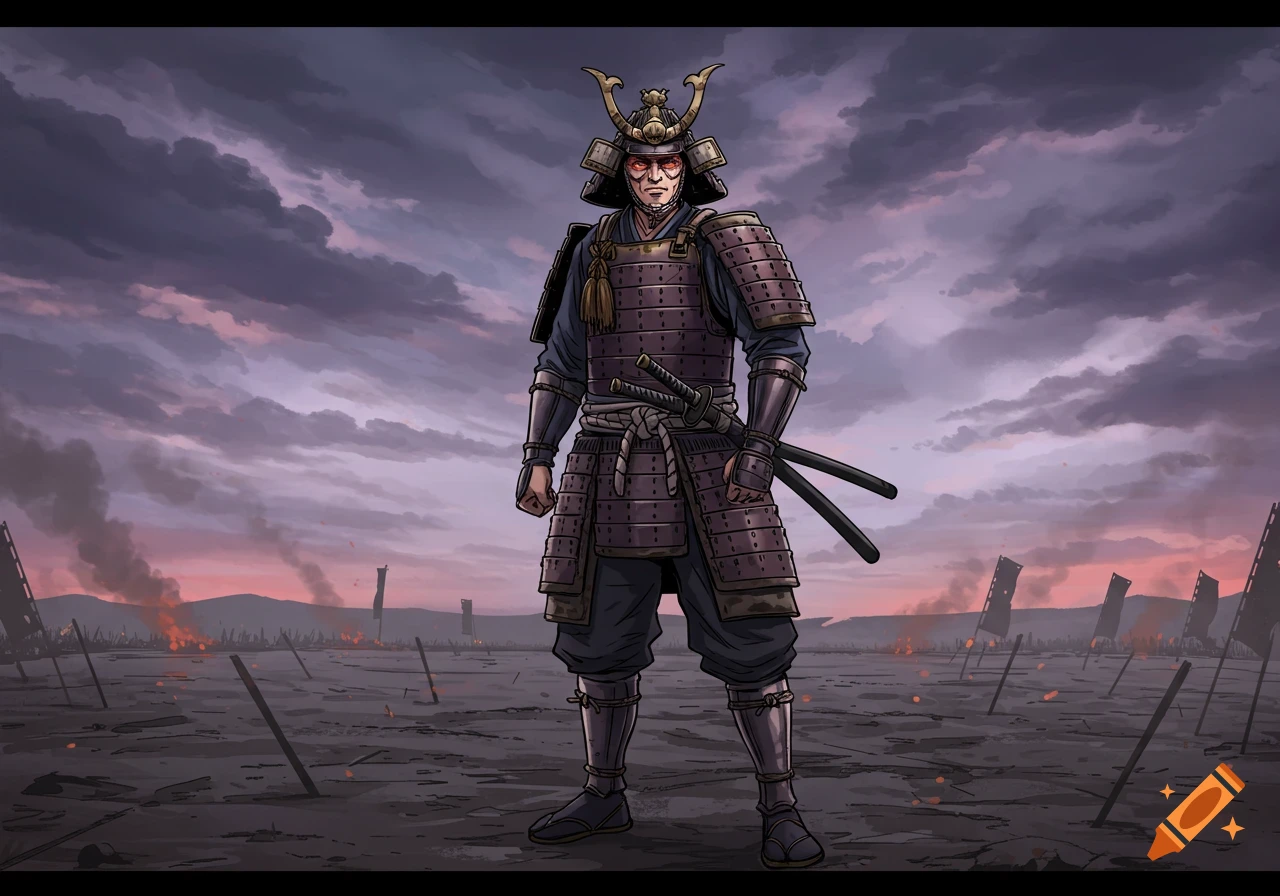A samurai warrior in full armor stands on a smoky battlefield under a dramatic cloudy sky, rendered in a comic art style.
