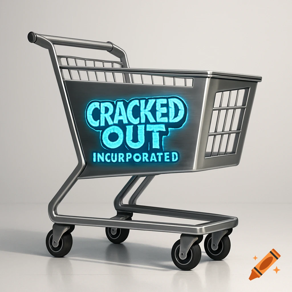 A photorealistic image of a shopping cart with a glowing blue logo on its side that reads 'CRACKED OUT INCORPORATED'.