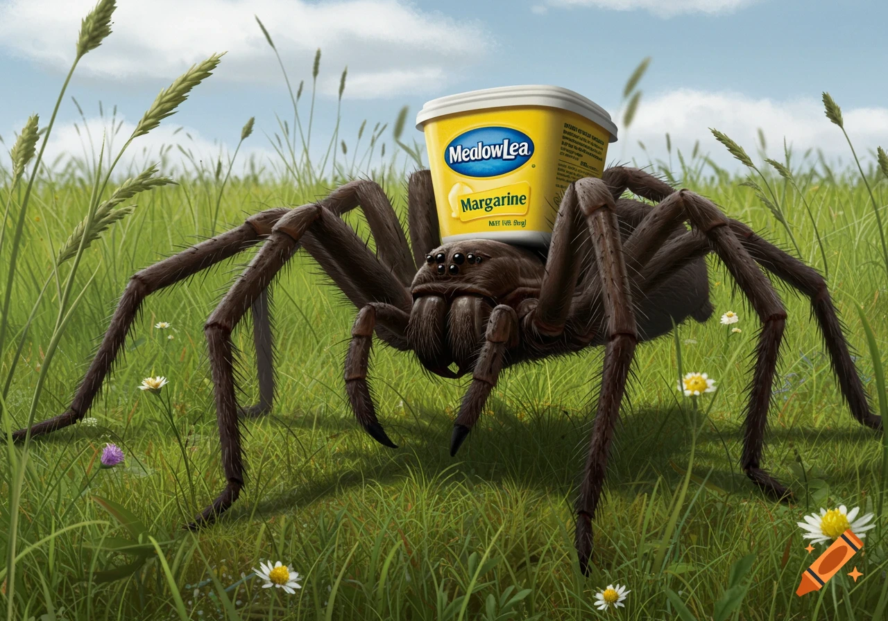 A large, hairy spider carries a yellow tub of Meadow Lea Margarine on its back through a grassy field.