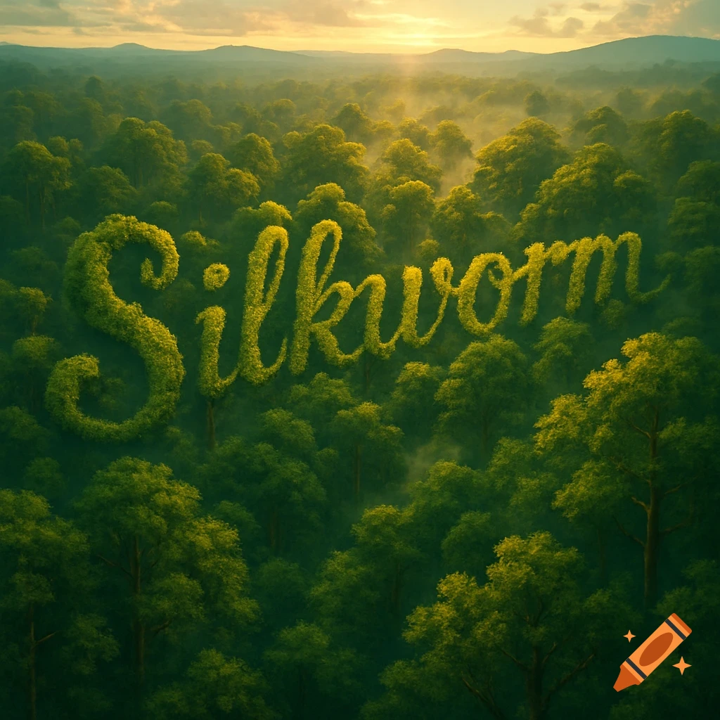 An aerial view of a lush green forest with trees spelling out the word 'Silkworm' under a hazy sunset sky.