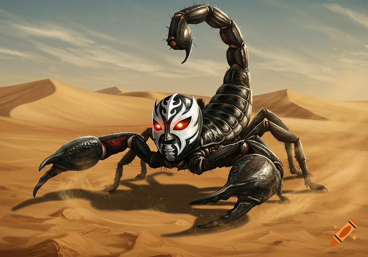 A black scorpion wearing a white and black wrestling mask with red eyes stands in a sandy desert, detailed illustration.