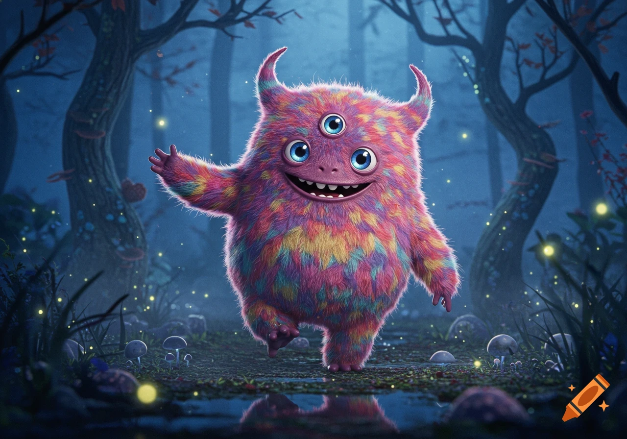 A fluffy, colorful monster with three blue eyes and two horns smiles and waves in a dark, magical forest with glowing fireflies.