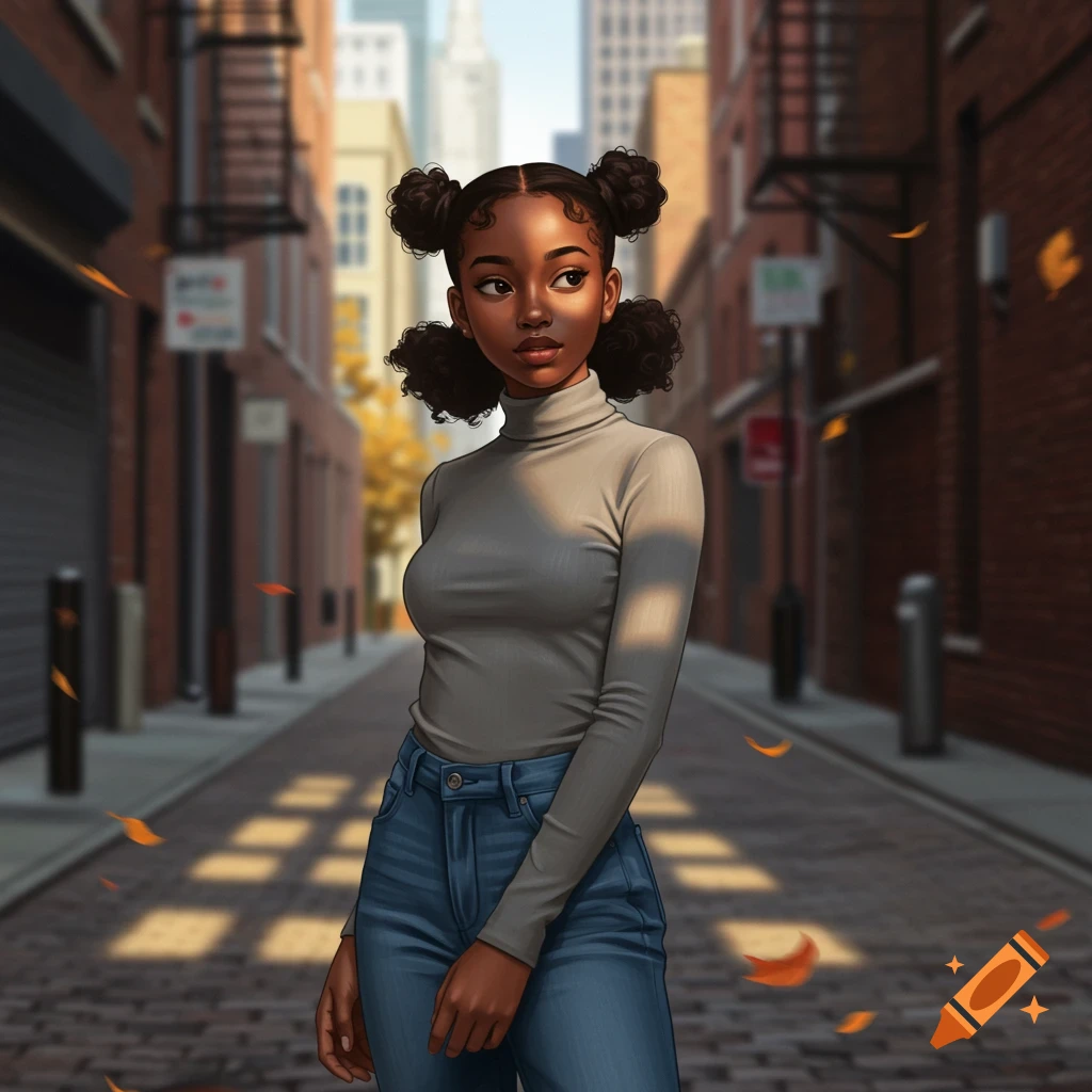 Animated young Black woman with four buns, wearing a grey turtleneck and blue jeans, standing in an urban alleyway with falling leaves.