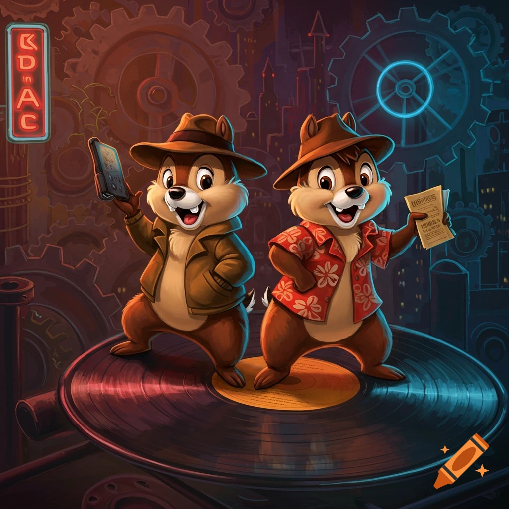 Cartoon illustration of Chip and Dale dressed as detectives on a large vinyl record, surrounded by gears and a city skyline.