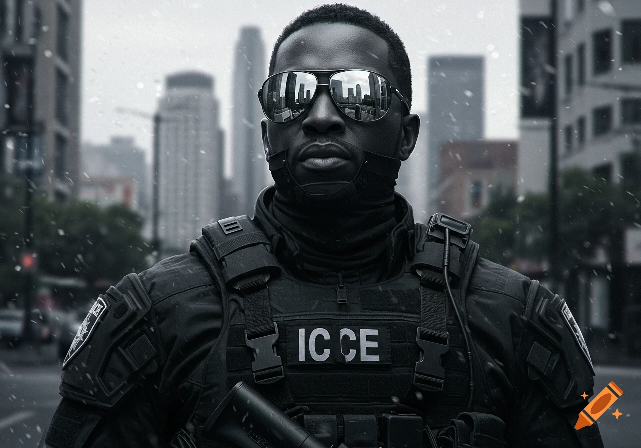 Close-up of a man in a black tactical vest and mirrored sunglasses, standing in a city in the snow.