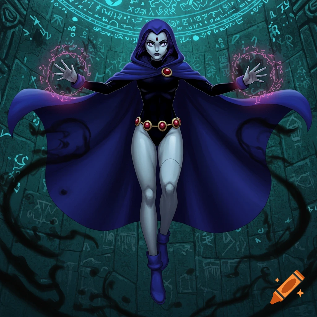 An illustration of Raven from Teen Titans, wearing a blue cloak and black bodysuit, casting purple magic against a background of glowing green runes.