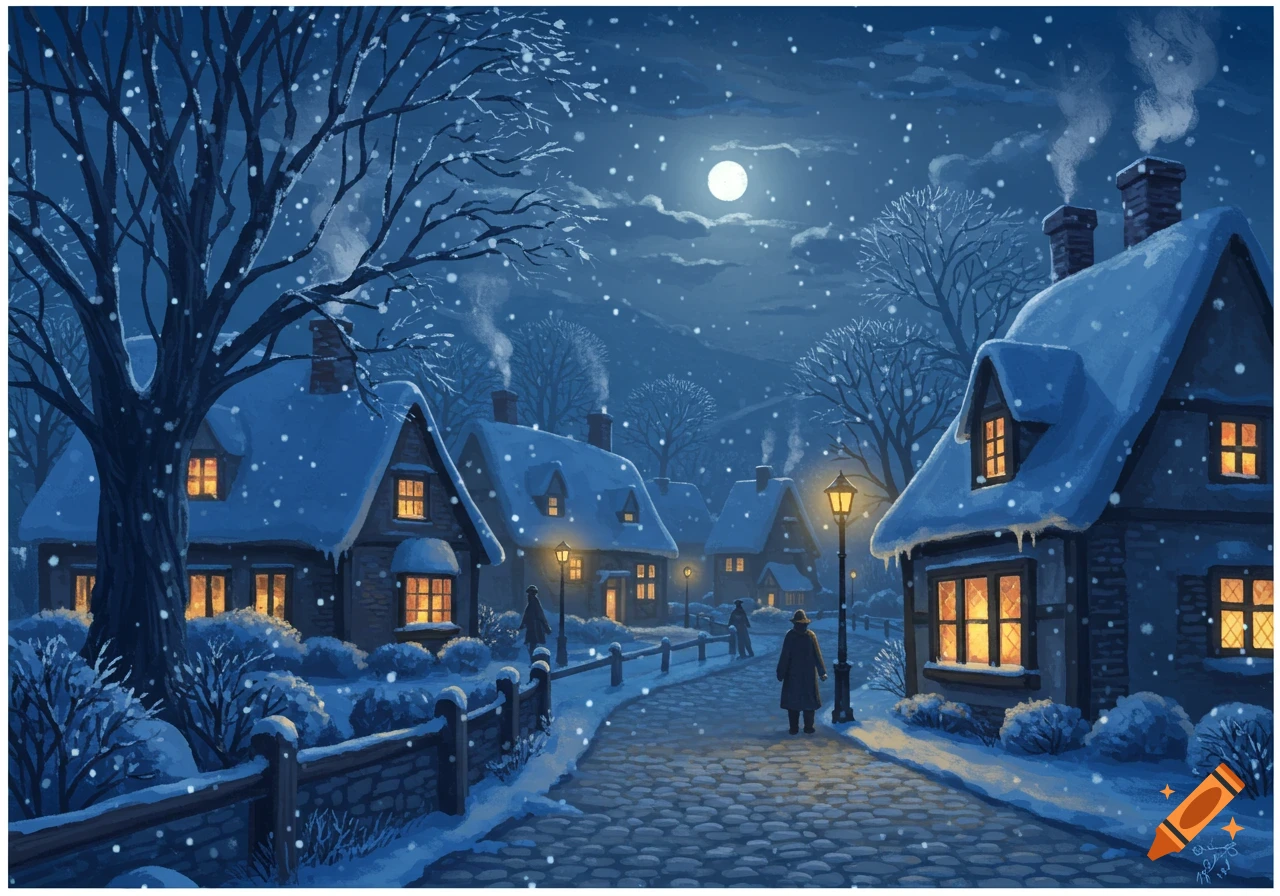 Illustrative winter village scene at night with snow-covered houses, glowing windows, a full moon, and a person walking down a path.