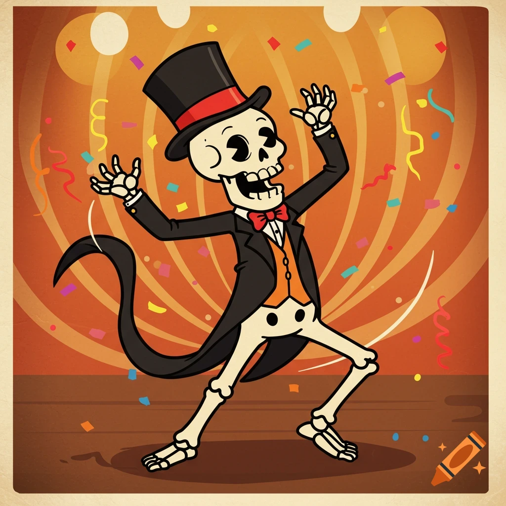 A cartoon skeleton in a top hat and tails dances joyfully amidst falling confetti on a stage with an orange background.