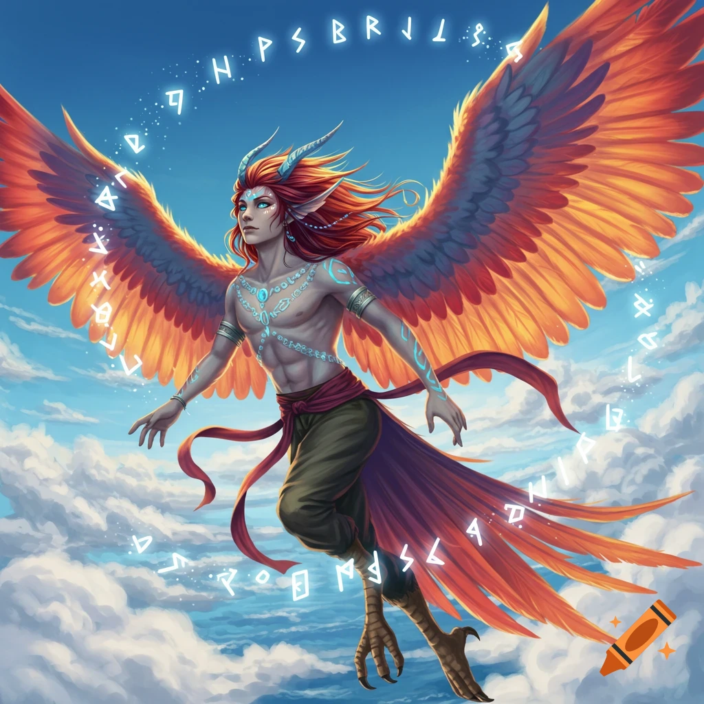 An anime-style winged humanoid figure with red hair and glowing blue body markings flies in a blue sky with clouds, surrounded by magical runes.