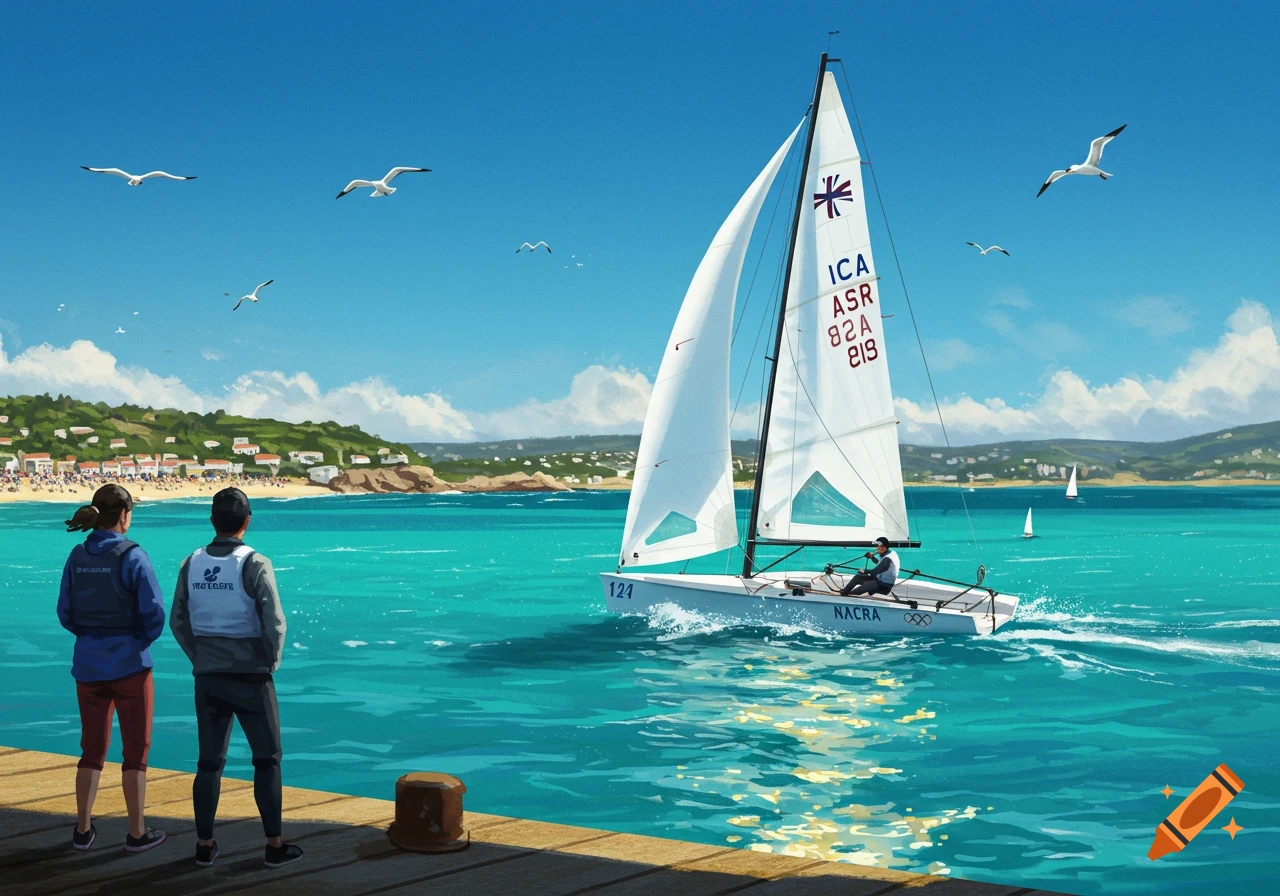 Two people stand on a wooden dock, watching an Olympic NACRA sailboat with a sailor on turquoise water, with a beach and town in the background under a blue sky.