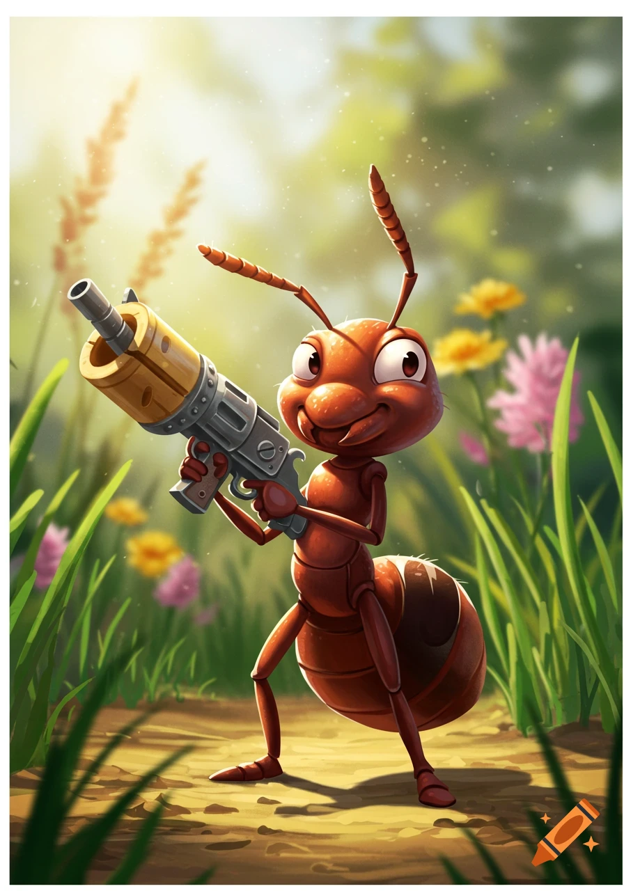 A smiling cartoon ant with large eyes holds a stylized gun in a sunny field with flowers and grass.