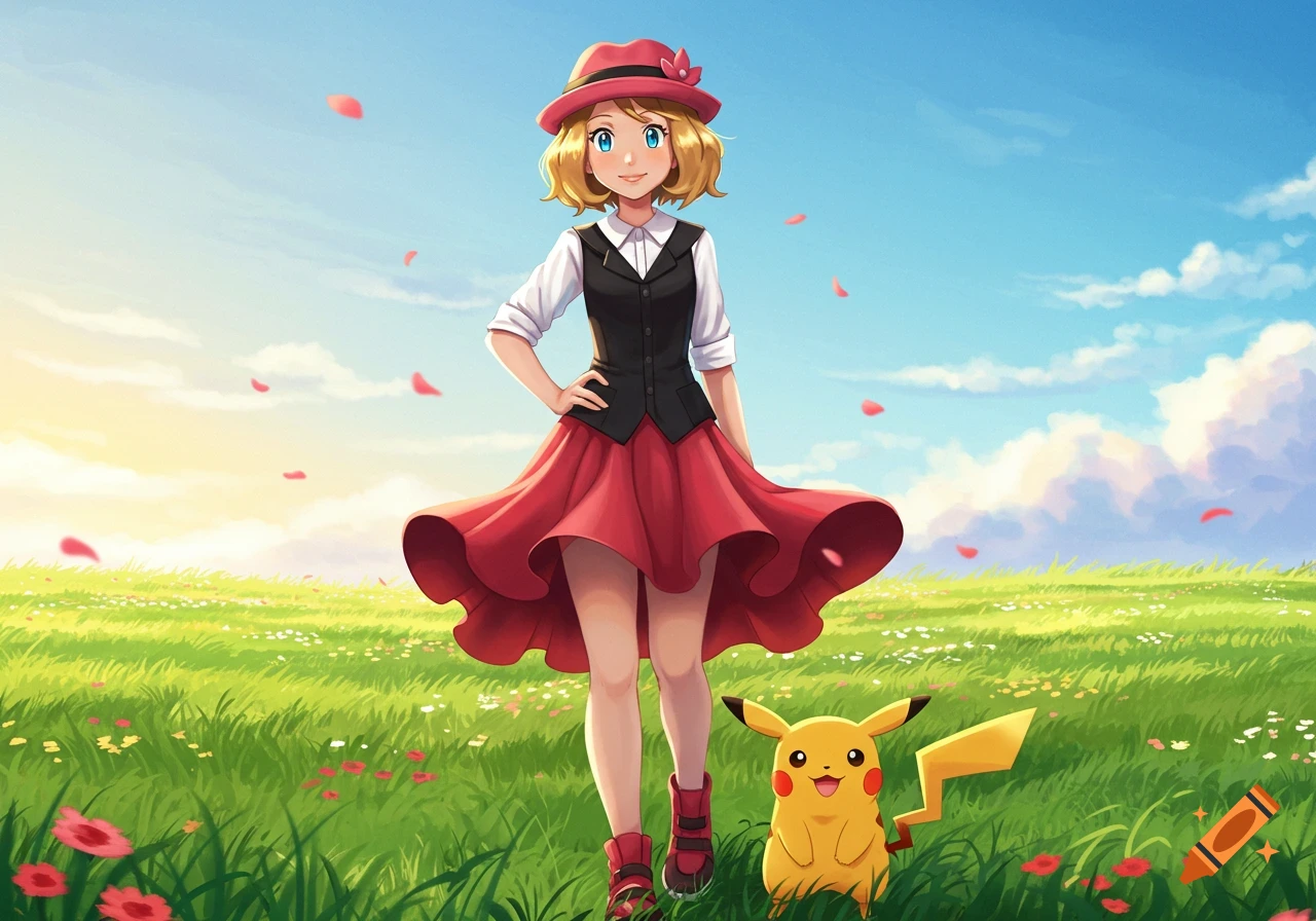 A blonde anime girl in a red dress and hat stands in a green field with pink petals, next to a smiling Pikachu.
