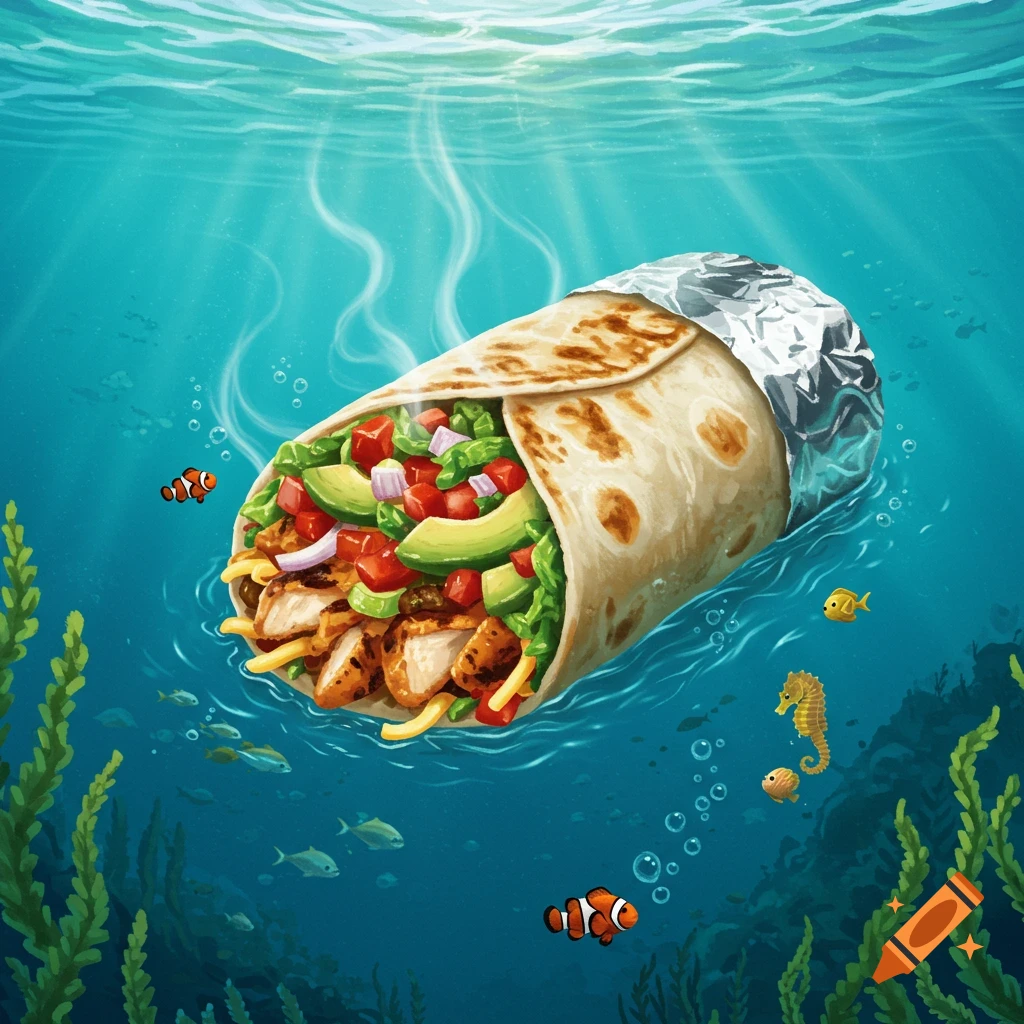 A detailed illustration of a large burrito floating underwater surrounded by colorful fish, a seahorse, and green seaweed.