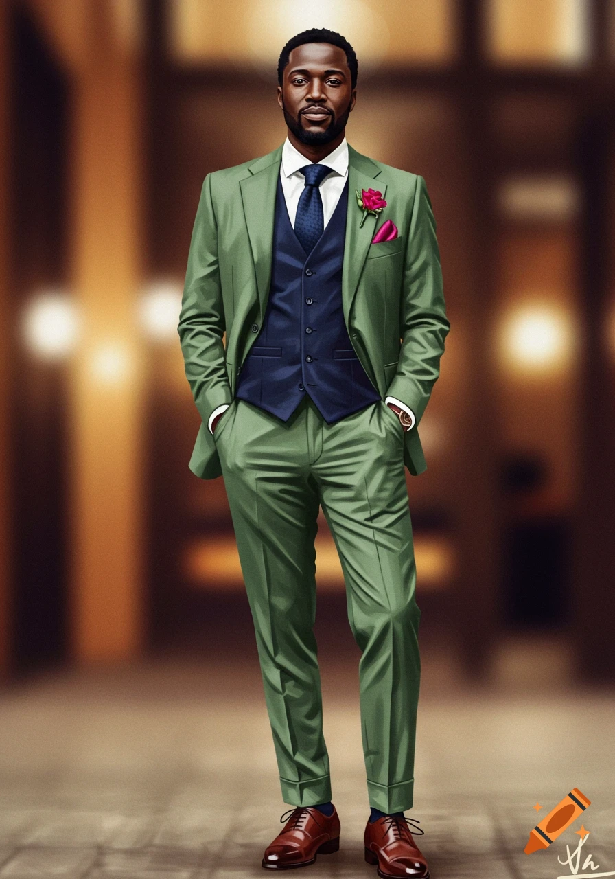 A full-body portrait of a Black man in a sage green suit, dark blue waistcoat, and brown shoes, standing with hands in pockets.