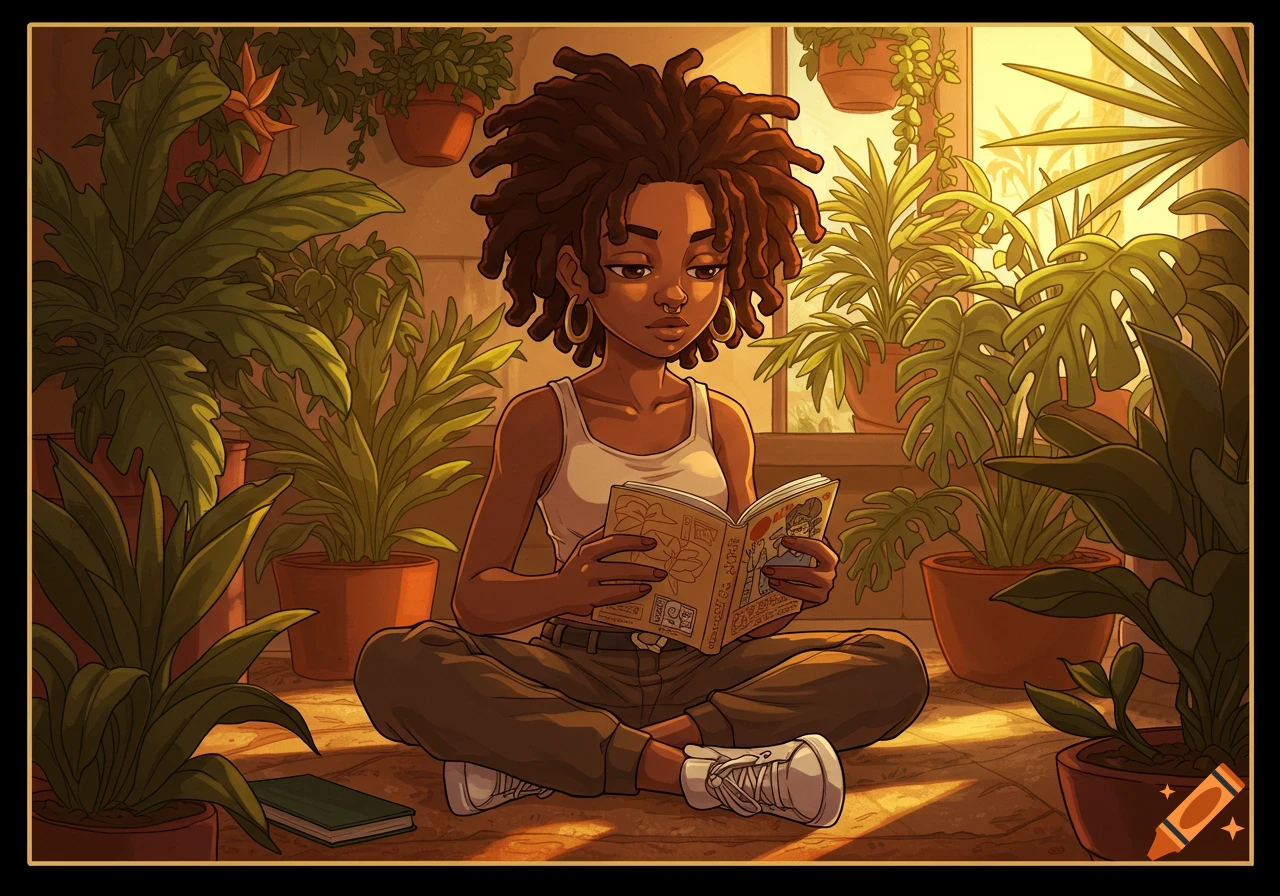 A digital illustration in a Boondocks-inspired style shows a brown-skinned woman with locs sitting cross-legged in a sunlit garden room, reading a book.