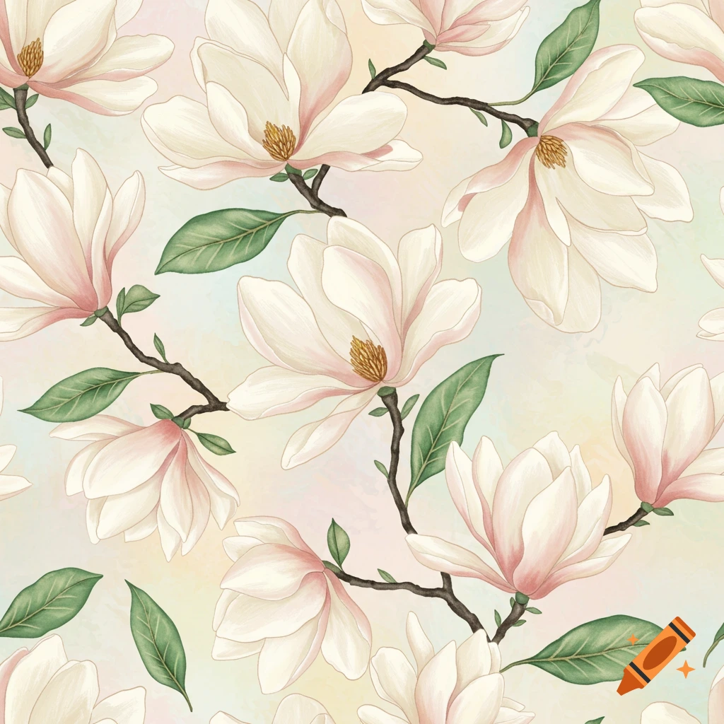 Seamless watercolor pattern of white and pink magnolia flowers on branches with green leaves against a soft pastel background.