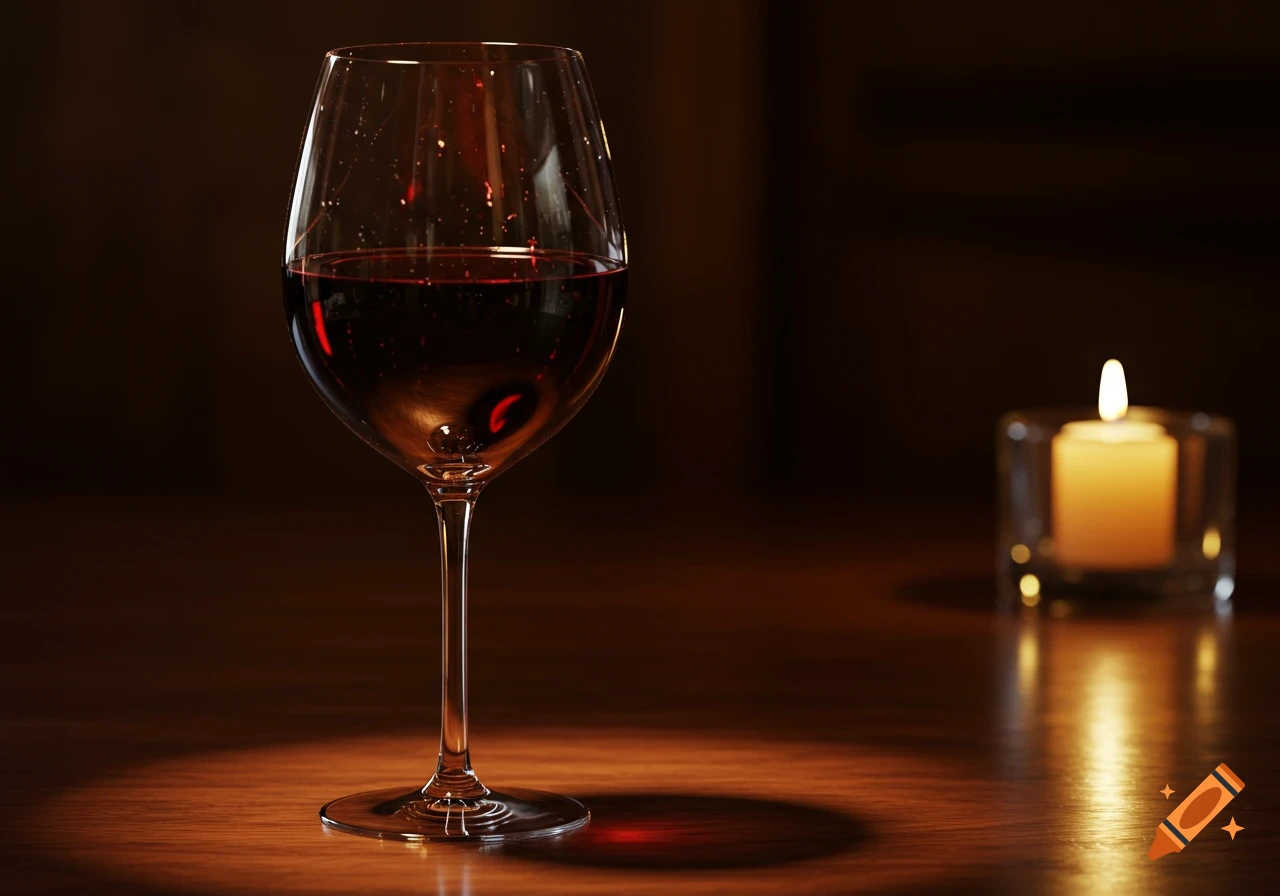 A photorealistic image of a glass of red wine on a wooden table, with a lit candle in the background.