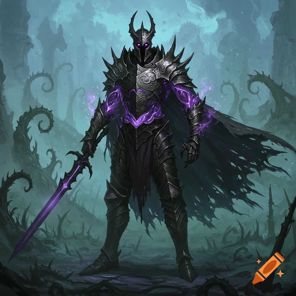 A dark fantasy knight in spiky black armor with glowing purple accents stands in a desolate, twisted landscape.