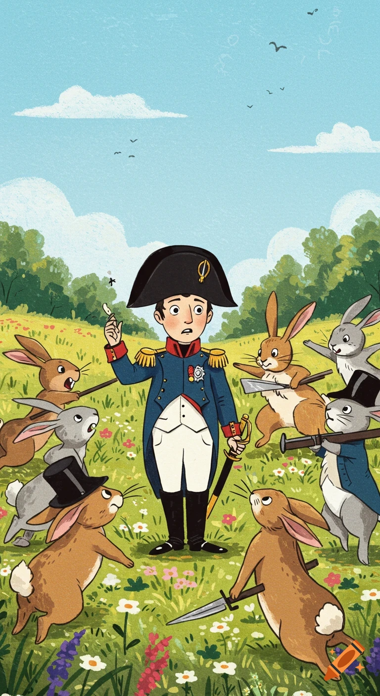 Cartoon illustration of a surprised Napoleon surrounded by an army of weapon-wielding rabbits in a grassy field.