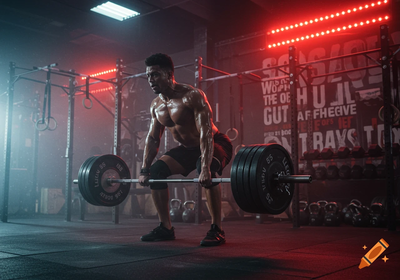 Muscular man lifts a barbell in a gym with red lights, photorealistic style.