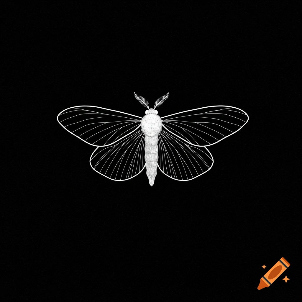 A minimalist white outline illustration of a moth with a textured body, centered on a plain black background.