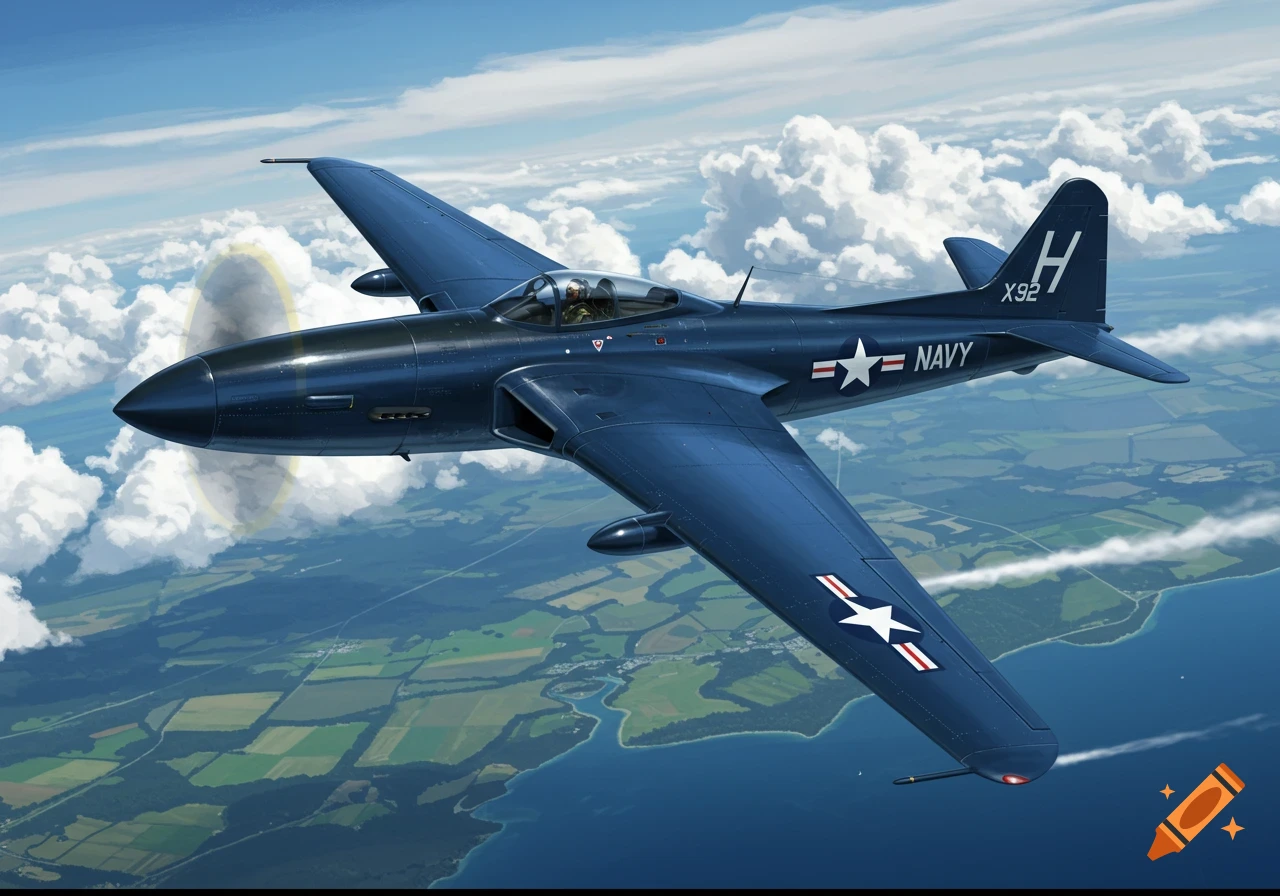 A dark blue XP-55 Ascender aircraft flies high above green fields and blue water under a cloudy sky.