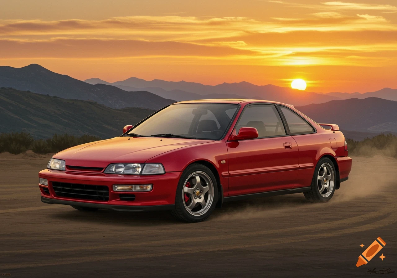 Red 1997 Acura Integra coupe on a dirt road at sunset with mountains in the background, photorealistic style.
