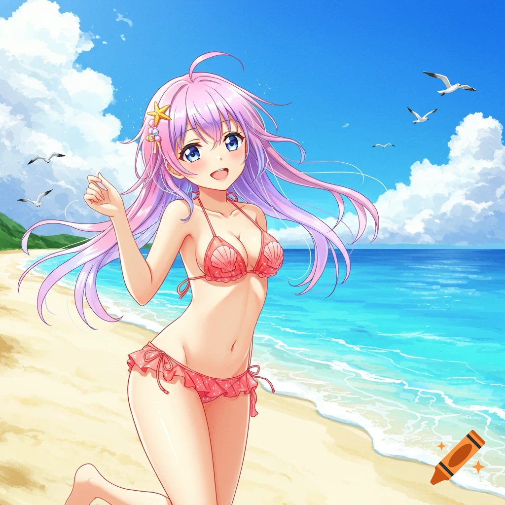An anime girl with long pink and purple hair wearing a red bikini stands on a sunny beach by the ocean, with seagulls flying.