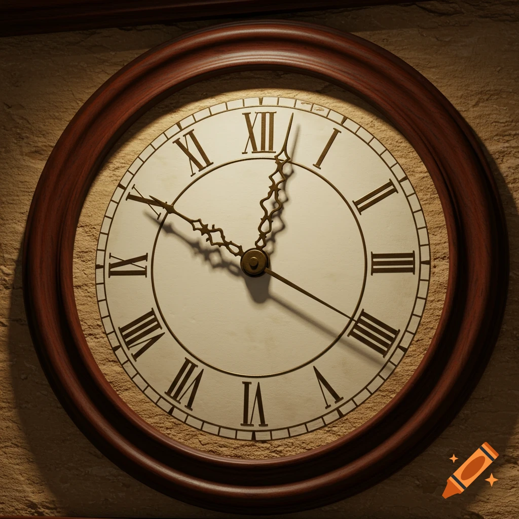 A close-up, realistic view of a circular wooden wall clock with Roman numerals, showing the time around 4:22, against a textured tan wall.