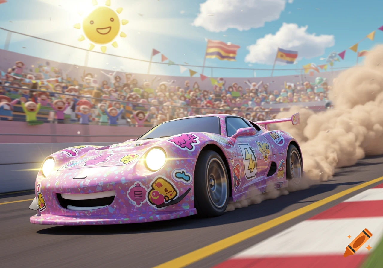 A pink cartoon racecar covered in colorful stickers speeds around a dirt-kicking track in a stadium filled with cheering spectators under a smiling sun.