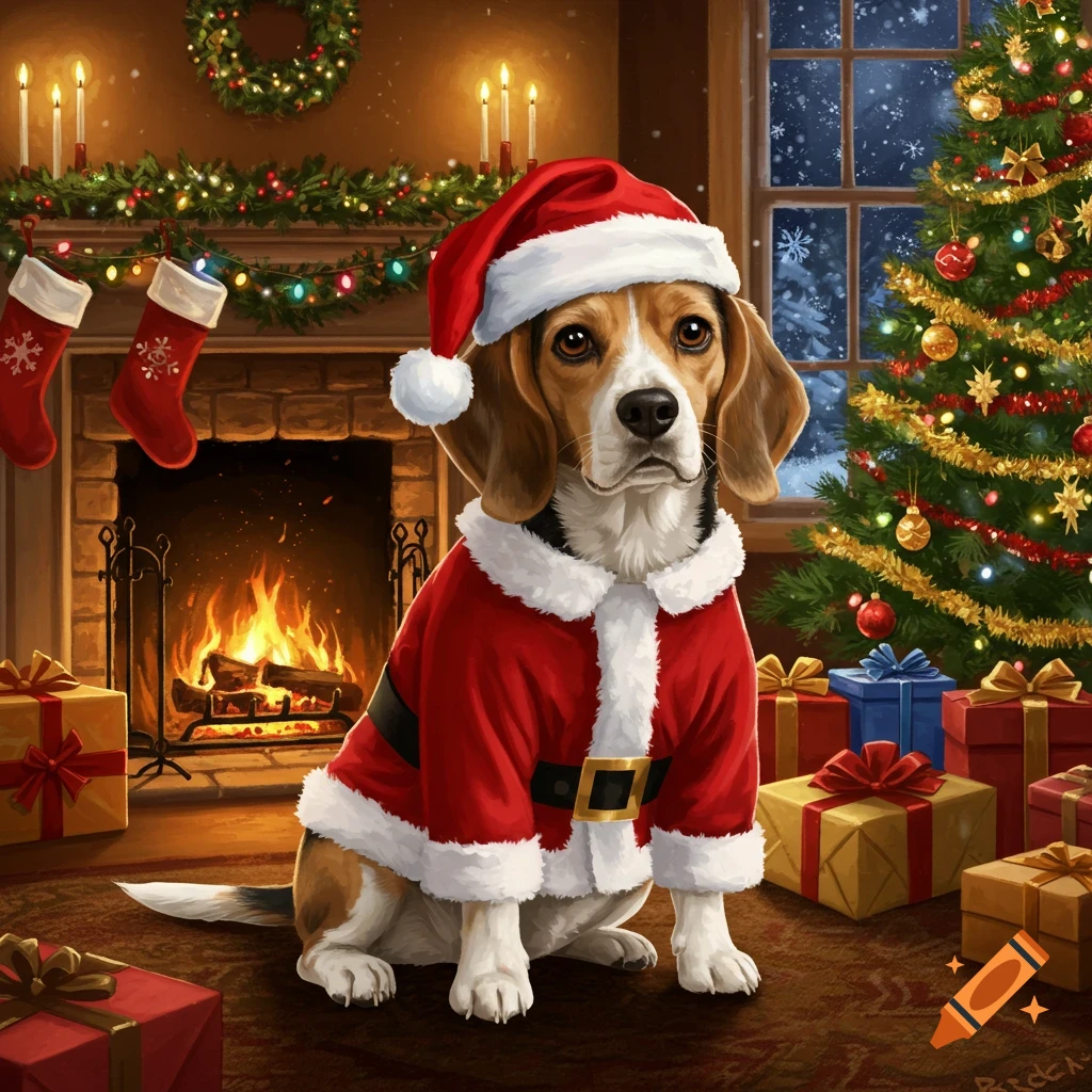 A cute beagle dog dressed in a Santa suit sits by a cozy fireplace with Christmas stockings and a decorated Christmas tree.