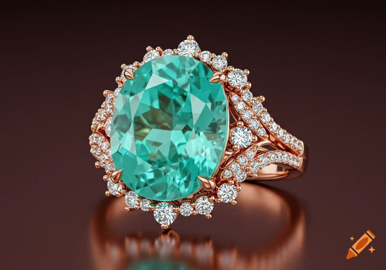 A close-up, photorealistic image of an oval paraiba tourmaline ring set in rose gold with small diamonds.