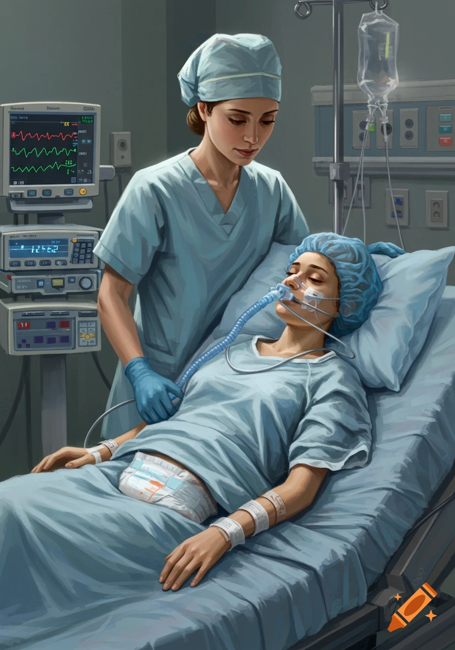 An illustration of a nurse in blue scrubs tending to a patient in an ICU bed with medical equipment surrounding them.