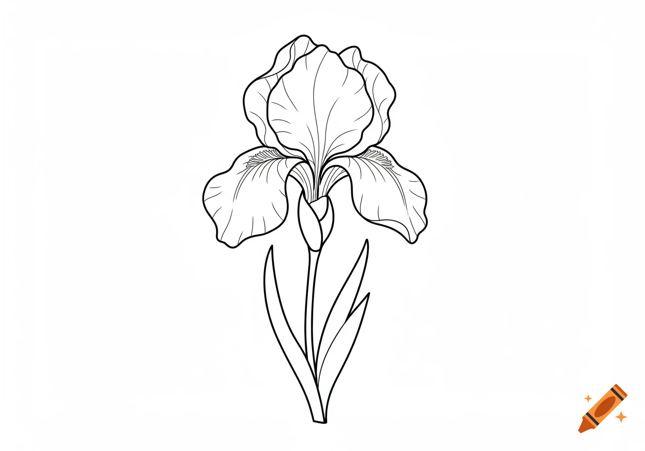 Black and white line drawing of an iris flower.