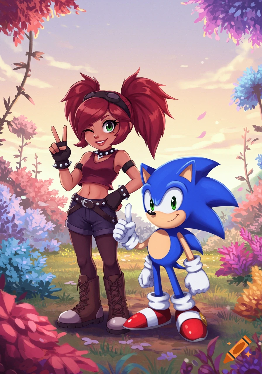A stylized brown-skinned girl with red pigtails making a peace sign and Sonic the Hedgehog giving a thumbs up in a vibrant, whimsical landscape.