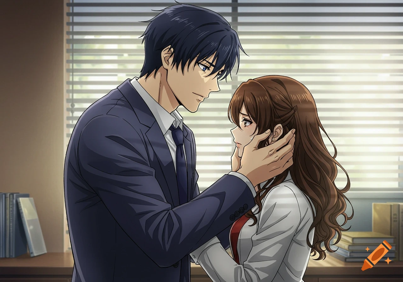 Anime illustration of a man cupping a sad woman's face in an office.